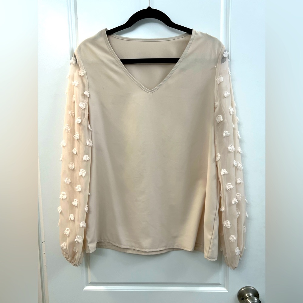Cream long sleeve blouse w/ sheer puff sleeves